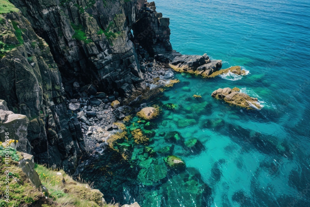 Poster a scenic shot of the ocean from the top of a cliff, suitable for use in travel or nature-themed proj
