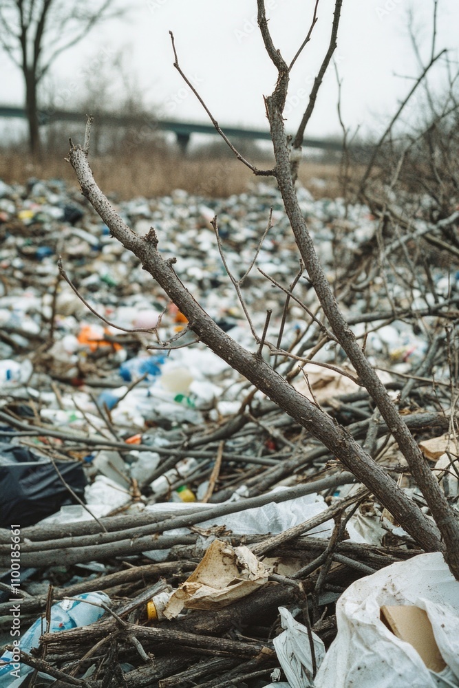 Poster A pile of waste and debris is situated in the middle of an open field