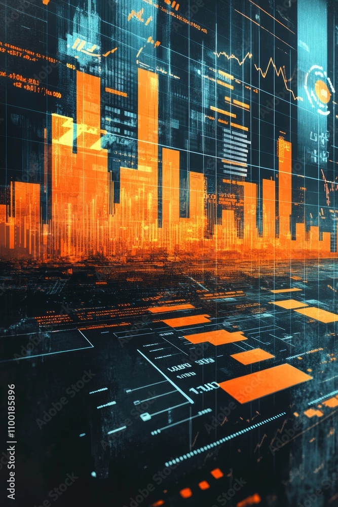 Poster vibrant data visuals showcase financial graphs, charts, and metrics on an analytics platform, provid
