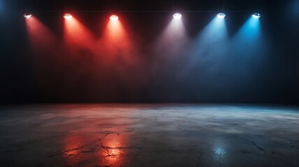 Obraz premium Empty studio dark room with fog and colorful lighting effect