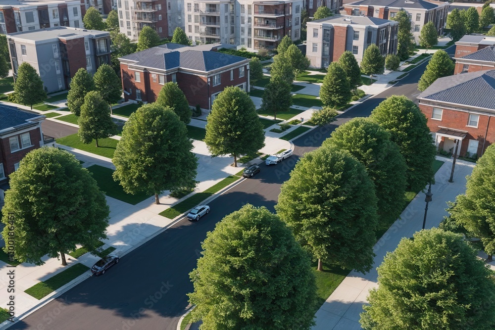 Poster elevated perspective three dimensional rendering of suburban trees for urban landscape visualization
