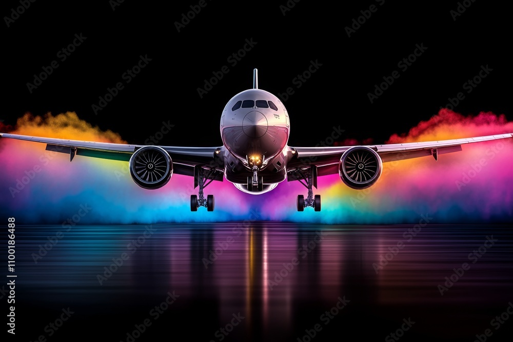 Poster a pixel art depiction of an airplane flying through a vibrant pixelated sky, leaving a trail of colo