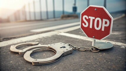 Handcuffs and stop sign symbolizing law enforcement and caution
