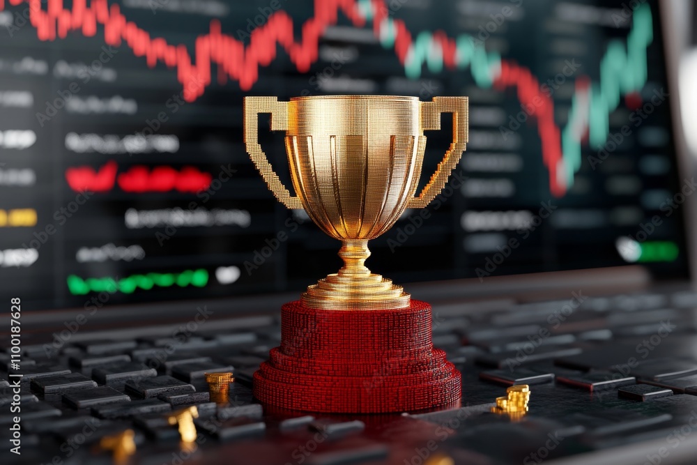 Poster a pixel art scene of a golden trophy with pixelated financial charts in the background, designed in 