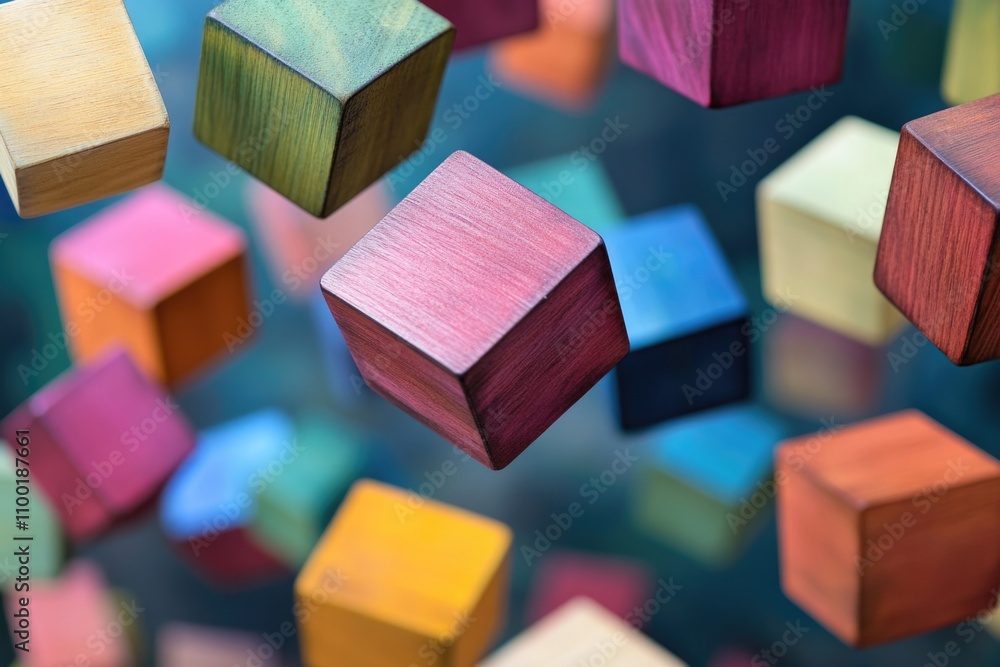 Aufkleber A collection of wooden cubes suspended in mid-air, creating a unique and intriguing visual effect