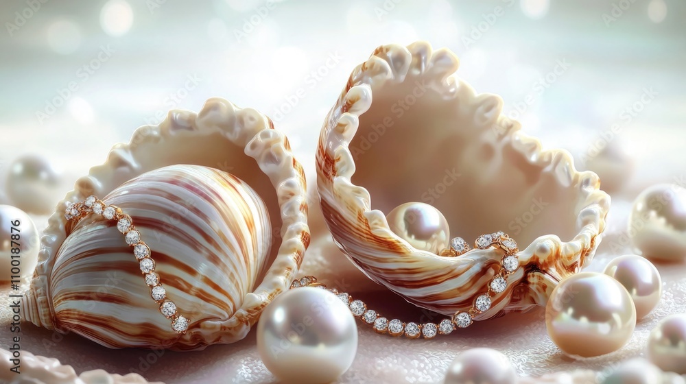 Poster close-up of two seashells with pearls on a white surface