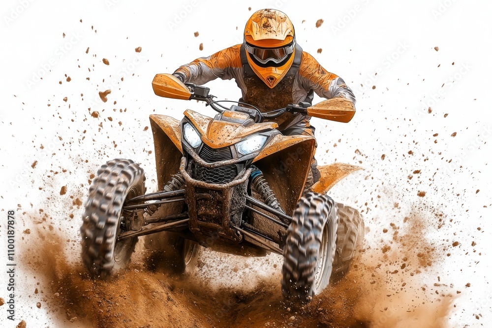Poster a playful 2d illustration of an atv rider navigating a trail, with exaggerated dust clouds and vibra