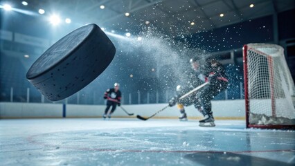 Obraz premium Intense hockey action with flying puck and players in motion