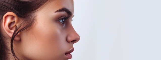 Obraz premium young girl with clear skin in profile on a Light background close-up Generative AI