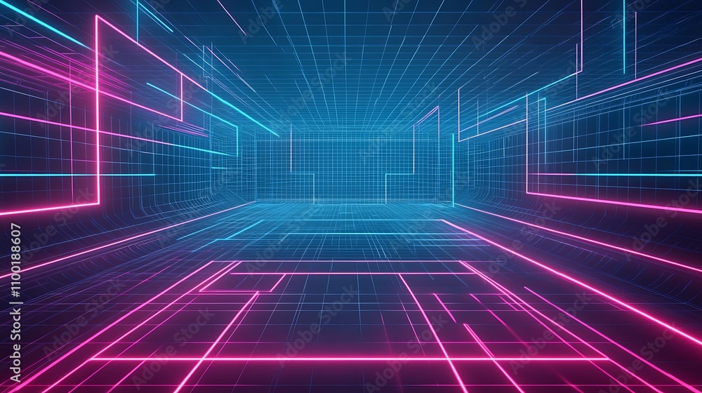 Poster neon pink and blue grid pattern creating a vibrant digital environment with depth and perspective