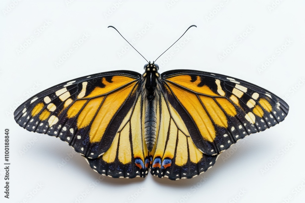 Poster a close-up image of a butterfly with yellow and black wings sitting on a white background