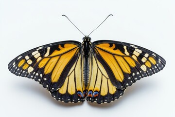 Obraz premium A close-up image of a butterfly with yellow and black wings sitting on a white background