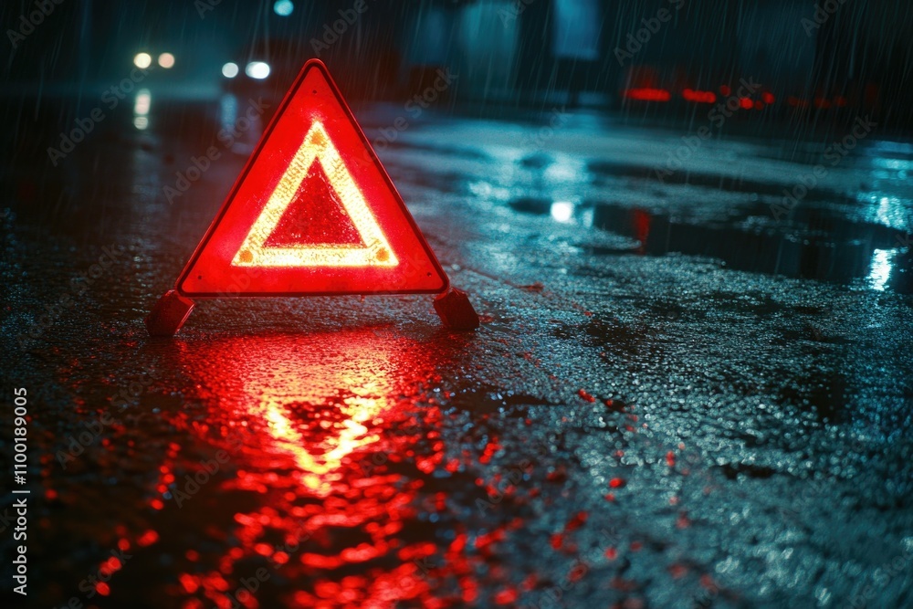 Poster a red triangle warning sign sits atop a wet and rainy street, perfect for use in images about weathe