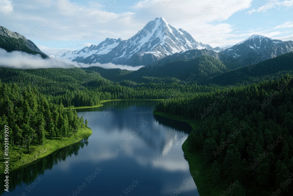 Poster a mountain range with a river running through it