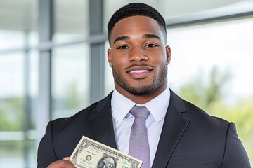 A professional dressed in formal attire holding a financial award while smiling confidently at the camera
