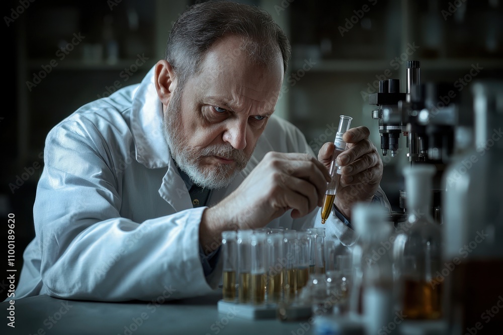 Poster a man in a lab coat is working on a project
