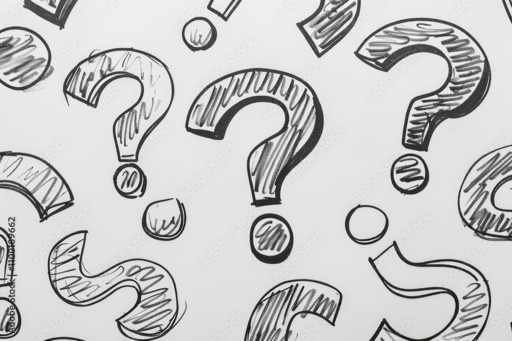 Poster A collection of question marks arranged in a bunch, suitable for use in illustrations about uncertainty or confusion