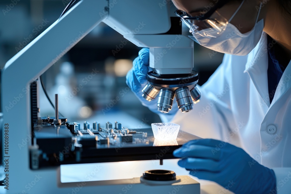 Poster a woman in a lab coat is looking through a microscope at a small object