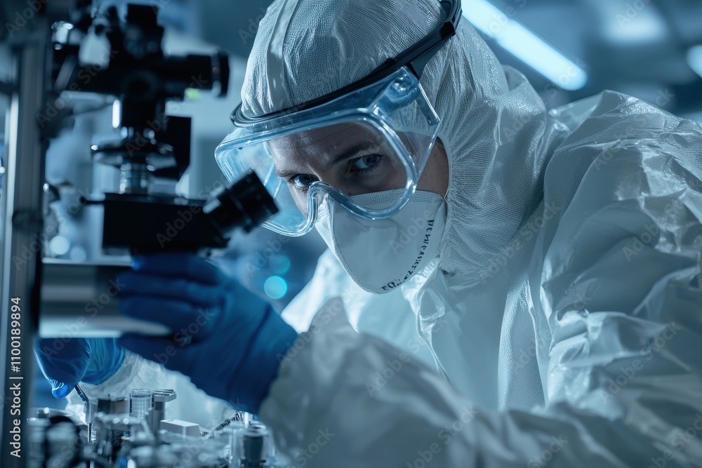 Poster a man in a lab coat and goggles is looking through a microscope