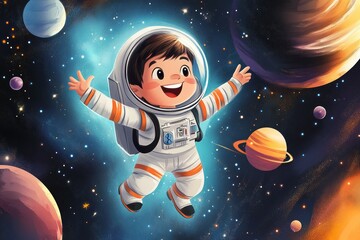  kids ebook of space theme little boy in astronaut suit flying in the space and seeing stars and planets.. happy and having fun