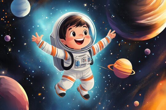  kids ebook of space theme little boy in astronaut suit flying in the space and seeing stars and planets.. happy and having fun