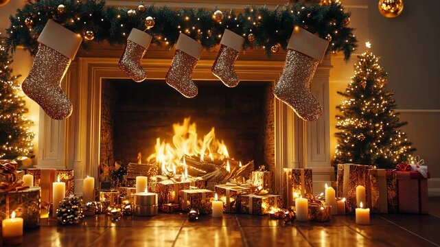 Christmas fireplace mantel decorated with gold garlands, shimmering golden candles, and golden stockings, all glowing warmly in the firelight. . 4K Video