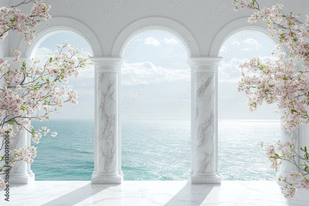 Poster a glimpse of the ocean through two ancient arches, suitable for use in travel or architecture-themed