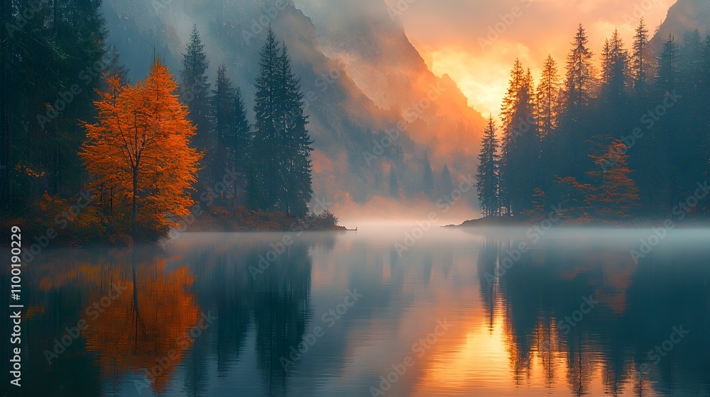 Poster serene autumn landscape with reflections of trees and misty mountains at sunrise over calm lake wate