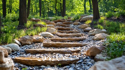 A beautifully designed stone pathway gently ascends through a tranquil forest setting, surrounded by lush greenery and bathed in soft, natural sunlight