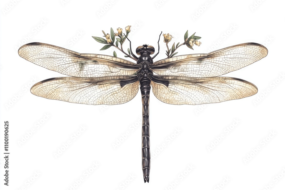 Poster close-up shot of a dragonfly on a white surface, ideal for use in illustrations or designs