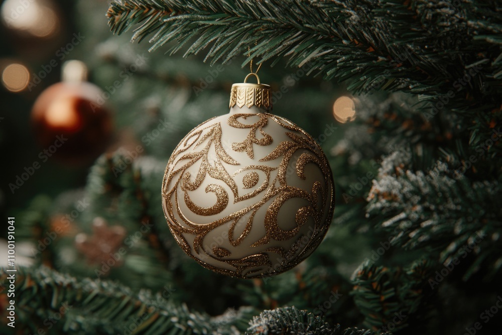 Poster a close-up view of a christmas ornament hanging from a tree branch