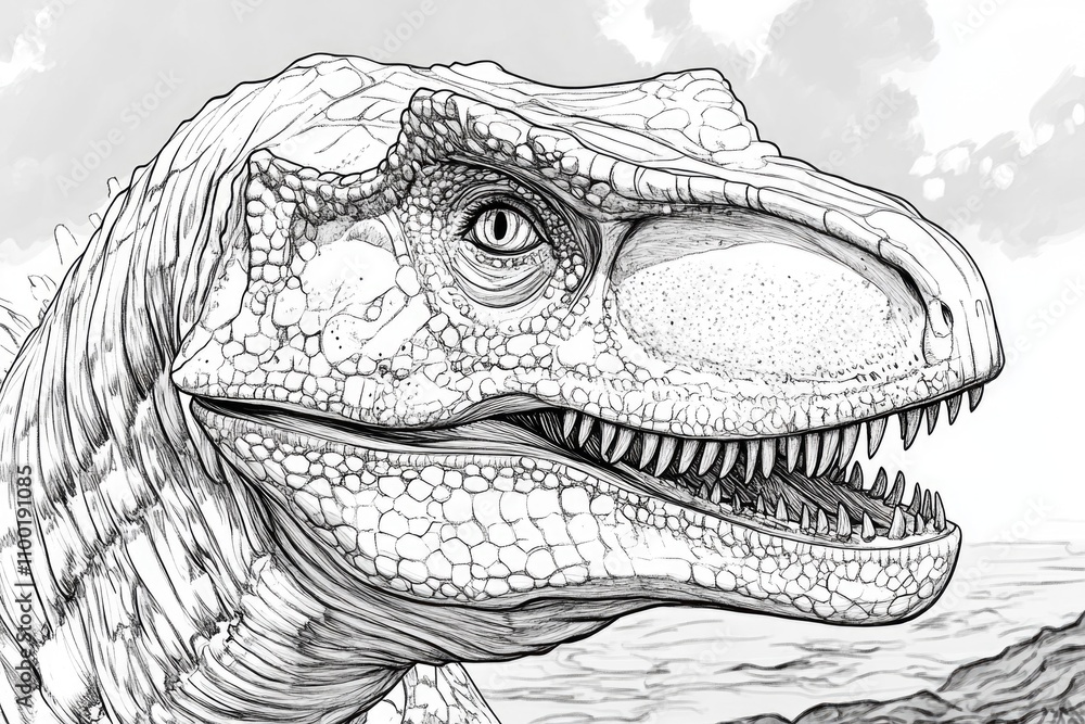 Poster a prehistoric creature with its jaws wide open, perfect for a project about ancient animals or dinos