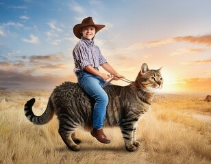 Cat riding cowboy in Texas type of American landscape. AI generated image.