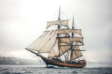 A large sailboat sailing on a calm body of water, perfect for nautical or travel-themed projects