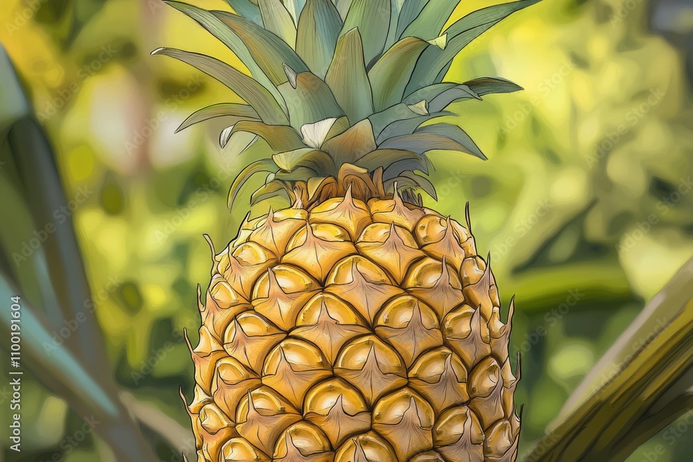 Poster close-up of a pineapple growing on a tree trunk, possibly in a tropical or exotic setting