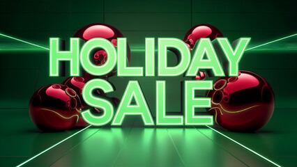 Attractive "Holiday Sale" advertising lettering, ultra-bright neon green letters on a green background with futuristic red balls. Ideal for digital advertising