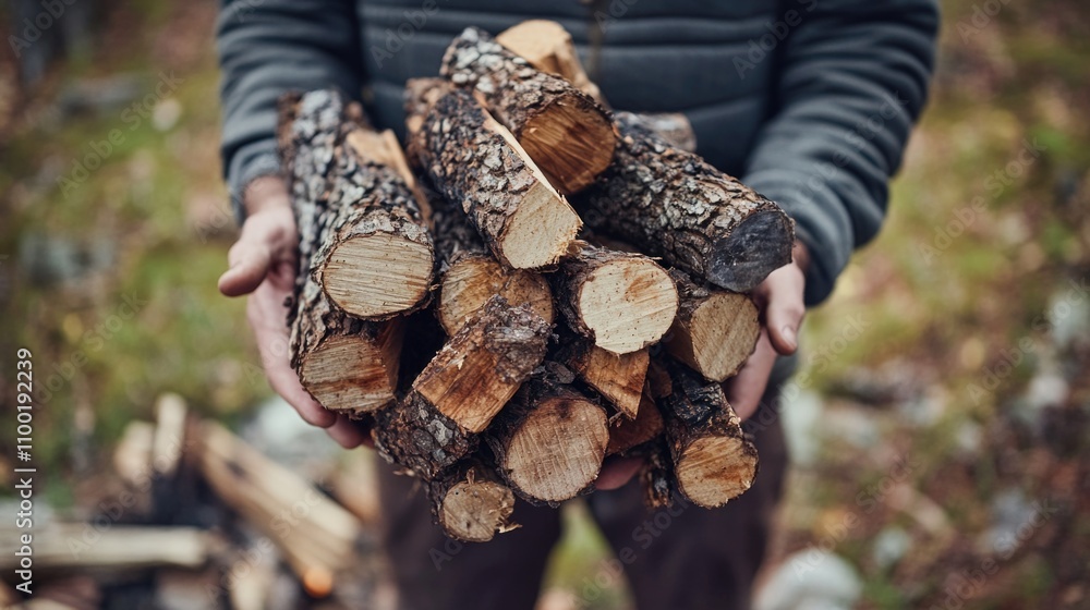 Poster a person carrying a stack of wooden planks or logs, useful for various contexts such as construction
