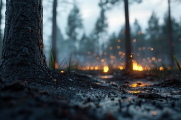 Obraz premium A tree trunk is surrounded by a forest with a lot of smoke and fire