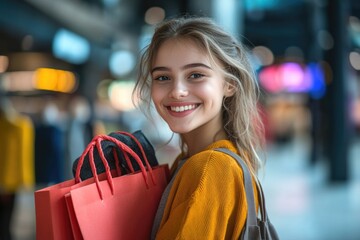 A happy woman holding multiple shopping bags and smiling at the camera