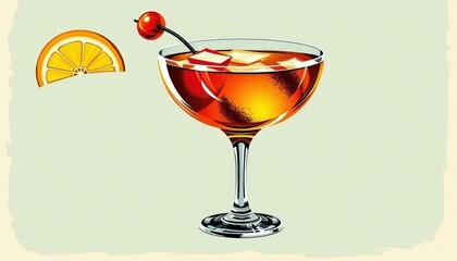Amber Elixir A tantalizing cocktail in a glass, adorned with a cherry and a fresh orange slice, inviting indulgence with its refreshing allure.