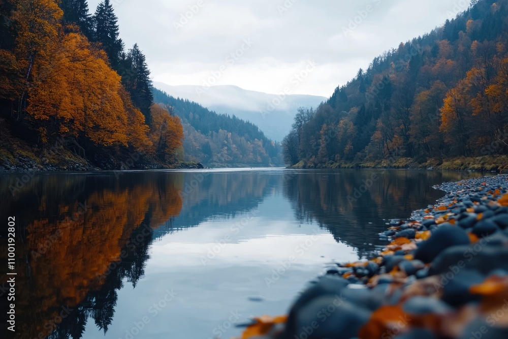 Poster a river with a reflection of the trees and mountains in the water