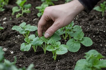 A hand is touching a plant in a garden