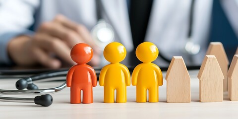 Insurance premium health concept. A doctor assesses healthcare needs with colorful figures representing patients and wooden houses symbolizing homes.