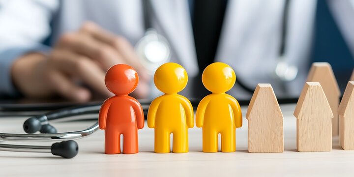 Insurance premium health concept. A doctor assesses healthcare needs with colorful figures representing patients and wooden houses symbolizing homes.