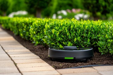 A robotic gardener trimming hedges and planting flowers in a beautifully landscaped garden