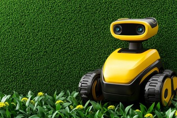A robotic gardener trimming hedges and planting flowers in a beautifully landscaped garden