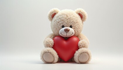 Obraz premium Charming teddy bear hugging a bright red heart against a clean white background
