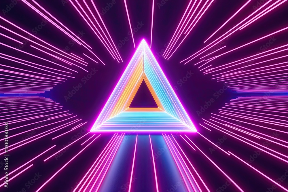 Poster vivid 3d neon void featuring triangular prism and radiating light lines