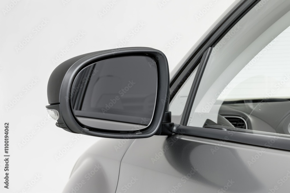 Poster a close-up image of a car's side view mirror