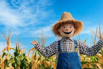 A scarecrow standing in the middle of a field of tall, golden corn stalks, framed by an autumn sky